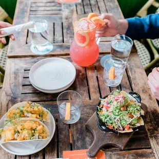 a table with food and drinks