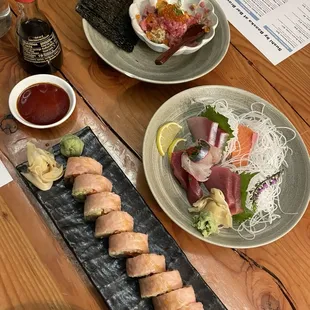 sashimi, sushi, sushi and sashimi, food
