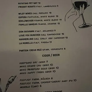Beverage menu