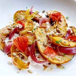 Roasted squash, stretched mozzerella, toasted sunflower seeds, pickled red onion, rosemary oil