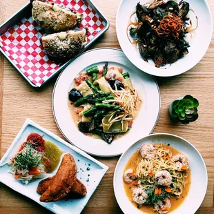 Bagelwich, Veggie Papardelle, fried brussels sprouts &amp; vincotto,  chicken empanadas, shrimp scampi w hand made spaghetti
