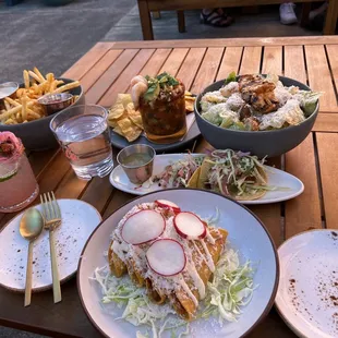 Fries, ceviche, spicy Cesar salad, fish tacos and dorados.