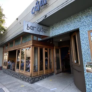 the entrance to a restaurant