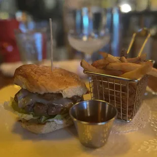 Burger, fries, and daiquiri