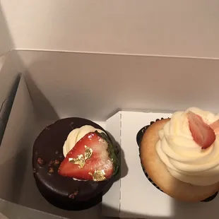 Strawberry mousse bombe, strawberry rose cupcake