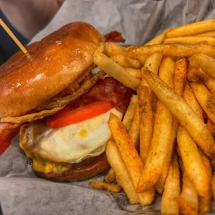 bacon, egg, tomato, and french fries