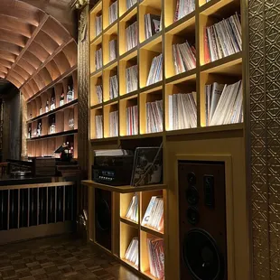 a bar with a lot of records on the shelves