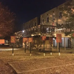a view of a building at night