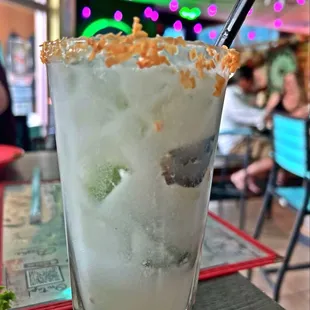 a drink in a tall glass