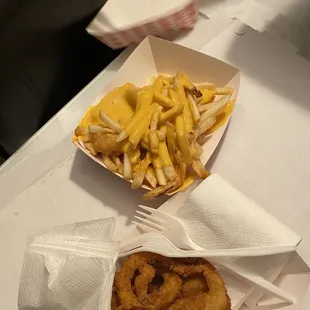 Onion rings and the best beer cheese fries