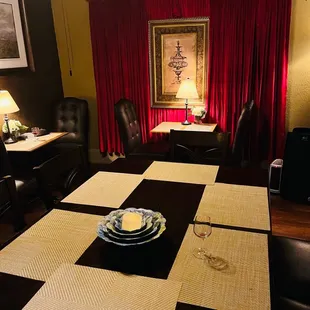 a dining room table and chairs