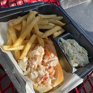 Garlic lobster roll with fries and coleslaw