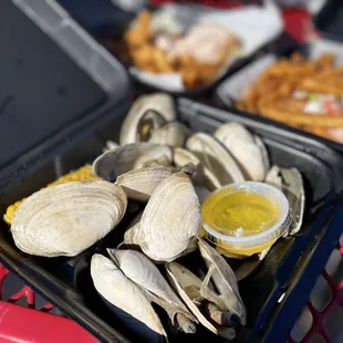 a tray of clams on a table