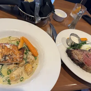Salmon and gnocchi and prime rib