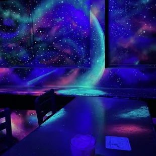 a view of a space themed bar