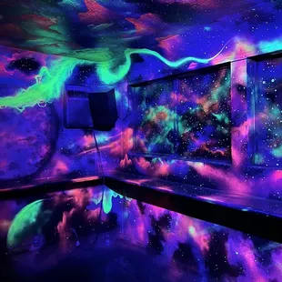 a room with a pool and neon lights