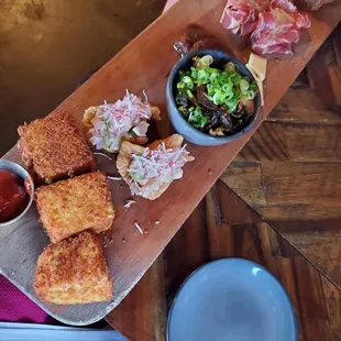 Hygge plate, Mac and cheese, pork rind tartare, Brussel sprouts, honey apple butter heese and bread
