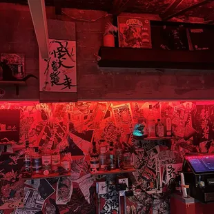 a bar with red lights