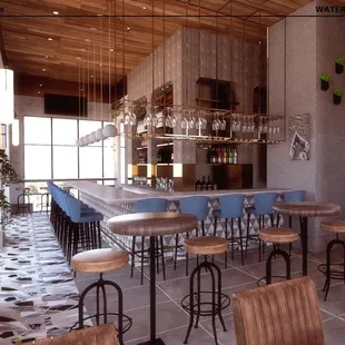 a bar with stools and tables