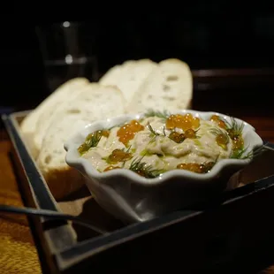 Smoked salmon. Wasabi, dill, smoked trout roll, and toasted bread so good.