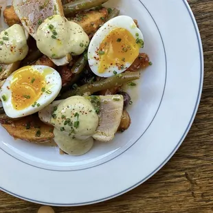 Tuna nicoise with potatoes, green beans, and caper aioli