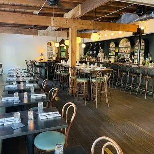 tables and chairs in a restaurant
