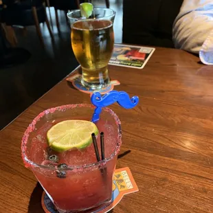On tap beer and  wry Berry Margarita. Thumbs up
