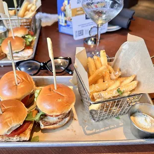 Salmon sliders and truffle fries
