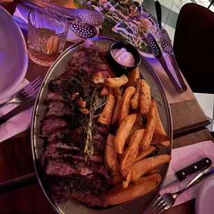 32oz steak, frites, and salad for 3 people