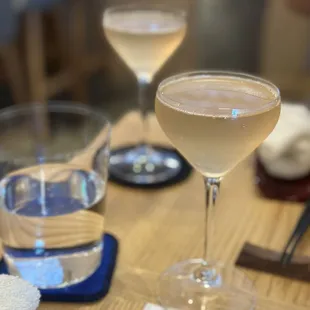 Cocktail pairing with snacks course: Korean pear, cherry, sake, champagne