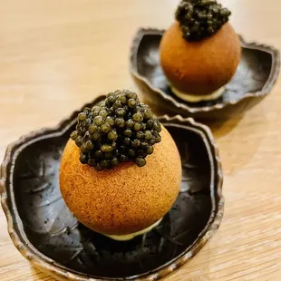 Honey Doughnut, Bourbon Banana Pudding topped with Royal White Sturgeon Caviar