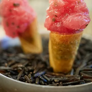 "Seasonal snack set" - Ahi tuna, charcoal mayo in a bric cone