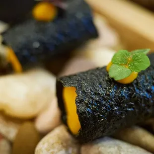 "Snack Set" - Nori tuile, shitake jam, butternut squash