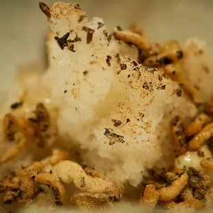 Seasonal shave ice - banana, sweet potato, puffed rice, almonds, alspice