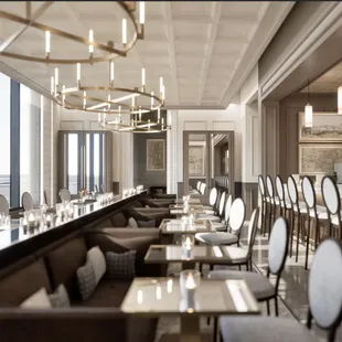 a view of a dining room with a view of the ocean