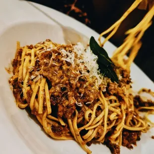 a plate of spaghetti and meat