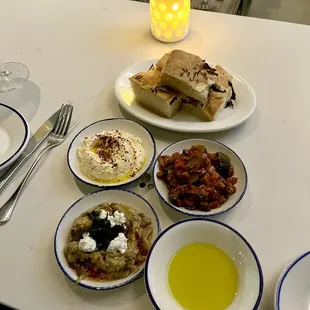 Focaccia with zucchini caponata, whipped feta, eggplant
