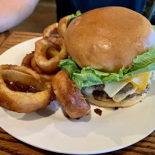 Double cheeseburger with onion rings
