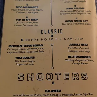 a menu for cocktails