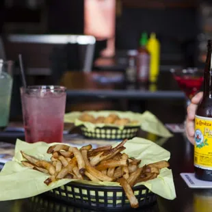 Jolly rancher vodka drinks, fries, tots, and Pacifico..)