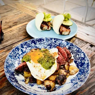 Steak and eggs with pork buns
