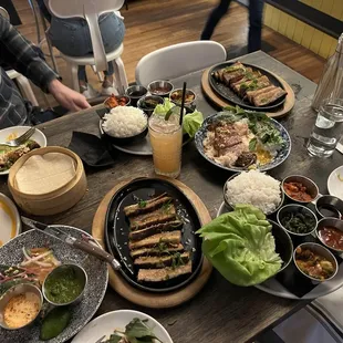 Pork belly lettuce wraps and some beef dish