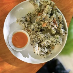 Crispy Maitake 'Shrooms w/ sweet &amp; sour calabrian hot sauce | $15