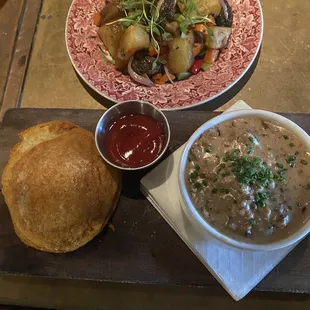 Beyond sausage gravy, homemade biscuit, hash