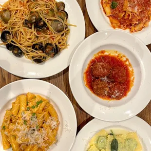 Rigatoni Pitti Ravioli Meatballs Clams with linguini
