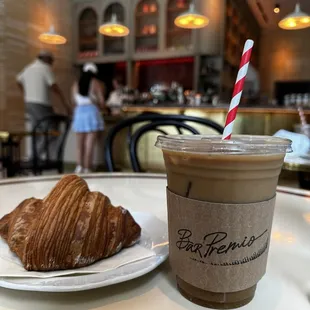 Iced Oat-milk Latte with a buttered croissant