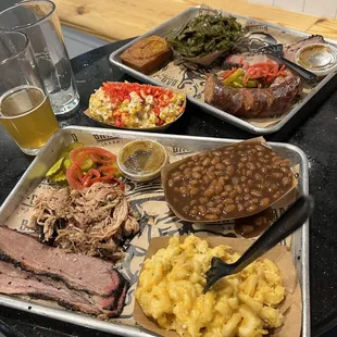 Two Meat platter with Collards, Christmas Beans, Smack&amp;Cheese, Peggy's Corn and Cornbread.
