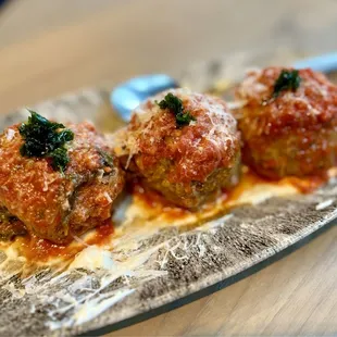 Wagyu-Veal Meatballs whipped ricotta, pomodoro sauce, crispy parsley and grated parmesan Very good!