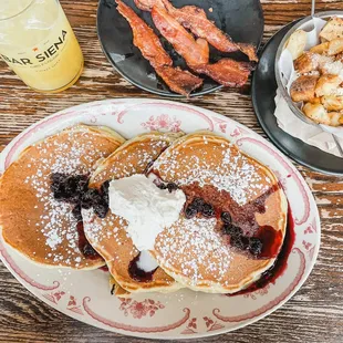 Lemon ricotta pancakes, potatoes, bacon