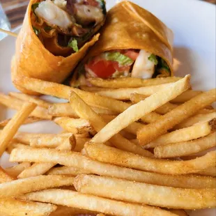 Caesar Wrap with fries and added blackened shrimp